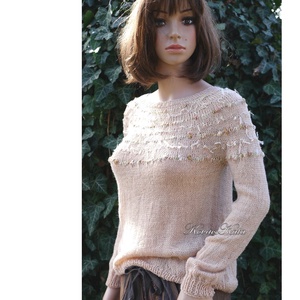 LAZY LINEN / púder - exkluzív gyapjú-len kézzel kötött  pulóver , Ruha & Divat, Női ruha, Pulóver, Kötés, MESKA