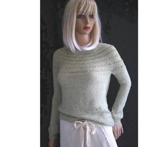 LAZY LINEN / menta - exkluzív gyapjú-len kézzel kötött  pulóver  - ruha & divat - női ruha - pulóver - Meska.hu