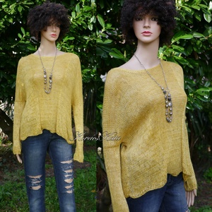 TUSSAH / mustár - exkluzív egyedi festésű kézzel kötött 100% vadselyem flowing pulóver  - Meska.hu