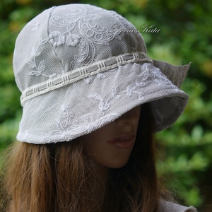 MELISSA cloche - antik tüllcsipkés lenvászon flapper kalap - ruha & divat - sál, sapka, kendő - kalap - Meska.hu