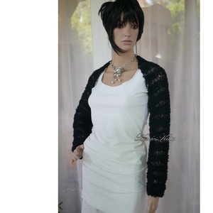 ALPACA SHRUG - kézzel kötött alpakabuklé boleró, csipke kardigán / fekete  - ruha & divat - női ruha - shrug - Meska.hu