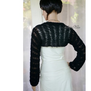 ALPACA SHRUG - kézzel kötött alpakabuklé boleró, csipke kardigán / fekete  - ruha & divat - női ruha - shrug - Meska.hu