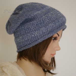 DAPHNE - trendi kézzel kötött slouchy sapka / farmerkék, ezüst - ruha & divat - sál, sapka, kendő - sapka - Meska.hu