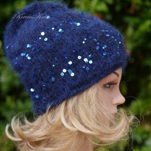 FIFI / éjkék - flitteres angora beanie kézzel kötött slouchy sapka  - ruha & divat - sál, sapka, kendő - sapka - Meska.hu