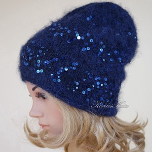 FIFI / éjkék - flitteres angora beanie kézzel kötött slouchy sapka  - ruha & divat - sál, sapka, kendő - sapka - Meska.hu