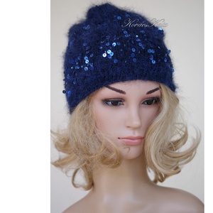FIFI / éjkék - flitteres angora beanie kézzel kötött slouchy sapka  - ruha & divat - sál, sapka, kendő - sapka - Meska.hu