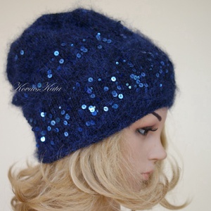 FIFI / éjkék - flitteres angora beanie kézzel kötött slouchy sapka  - Meska.hu