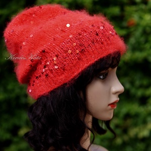 FIFI / piros - flitteres angora beanie kézzel kötött slouchy sapka  - Meska.hu