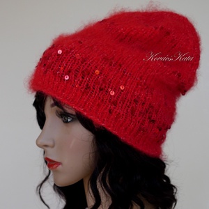 FIFI / piros - flitteres angora beanie kézzel kötött slouchy sapka  - ruha & divat - sál, sapka, kendő - sapka - Meska.hu