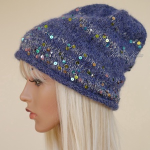 FIFI / farmerkék - flitteres angora beanie kézzel kötött slouchy sapka  - Meska.hu