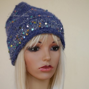 FIFI / farmerkék - flitteres angora beanie kézzel kötött slouchy sapka  - ruha & divat - sál, sapka, kendő - sapka - Meska.hu
