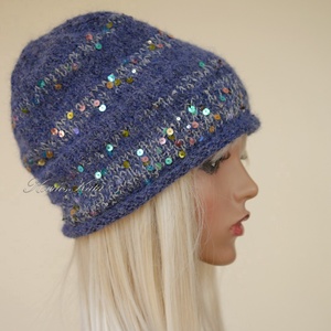 FIFI / farmerkék - flitteres angora beanie kézzel kötött slouchy sapka  - ruha & divat - sál, sapka, kendő - sapka - Meska.hu