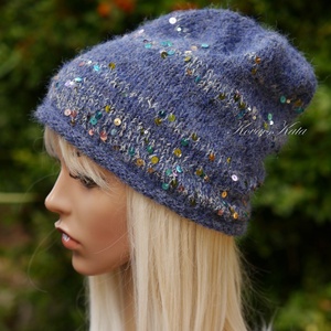 FIFI / farmerkék - flitteres angora beanie kézzel kötött slouchy sapka  - ruha & divat - sál, sapka, kendő - sapka - Meska.hu