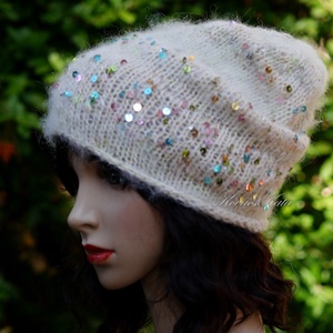 FIFI / bézs - flitteres alpaka beanie kézzel kötött slouchy sapka  - Meska.hu