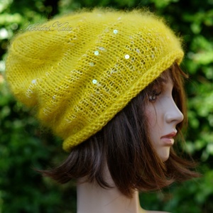 FIFI / sárga - flitteres kidmohair beanie kézzel kötött slouchy sapka  - Meska.hu