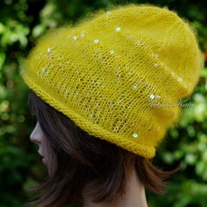 FIFI / sárga - flitteres kidmohair beanie kézzel kötött slouchy sapka  - ruha & divat - sál, sapka, kendő - sapka - Meska.hu