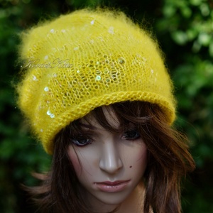 FIFI / sárga - flitteres kidmohair beanie kézzel kötött slouchy sapka  - ruha & divat - sál, sapka, kendő - sapka - Meska.hu
