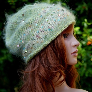 FIFI / tavasz - flitteres angora-kidmohair beanie kézzel kötött slouchy sapka  - Meska.hu