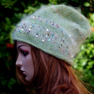 FIFI / tavasz - flitteres angora-kidmohair beanie kézzel kötött slouchy sapka  - ruha & divat - sál, sapka, kendő - sapka - Meska.hu