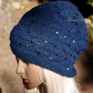 FIFI / petrolkék - flitteres 100% alpaca beanie kézzel kötött slouchy sapka  - Meska.hu