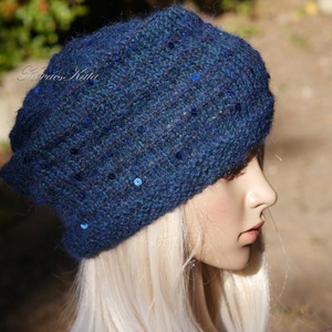 FIFI / petrolkék - flitteres 100% alpaca beanie kézzel kötött slouchy sapka  - ruha & divat - sál, sapka, kendő - sapka - Meska.hu