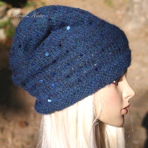 FIFI / petrolkék - flitteres 100% alpaca beanie kézzel kötött slouchy sapka  - ruha & divat - sál, sapka, kendő - sapka - Meska.hu