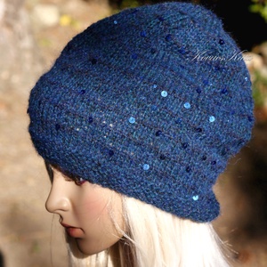FIFI / petrolkék - flitteres 100% alpaca beanie kézzel kötött slouchy sapka  - ruha & divat - sál, sapka, kendő - sapka - Meska.hu