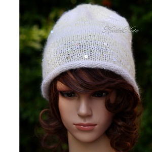 FIFI / ANGORA LUX - exkluzív flitteres kézzel kötött angora slouchy sapka / fehér, ezüst - ruha & divat - sál, sapka, kendő - sapka - Meska.hu