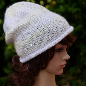 FIFI / ANGORA LUX - exkluzív flitteres kézzel kötött angora slouchy sapka / fehér, ezüst - ruha & divat - sál, sapka, kendő - sapka - Meska.hu