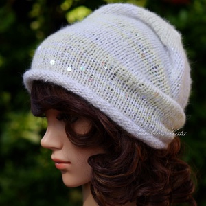 FIFI / ANGORA LUX - exkluzív flitteres kézzel kötött angora slouchy sapka / fehér, ezüst - Meska.hu