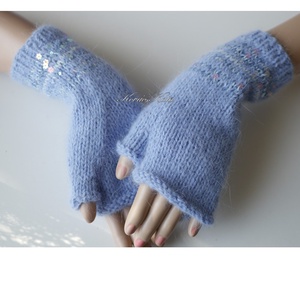 ANGIE-SZETT - exkluzív kézzel kötött flitteres spiky angora svájci sapka, sál és kesztyű / égkék - ruha & divat - sál, sapka, kendő - sapka & sál szett - Meska.hu