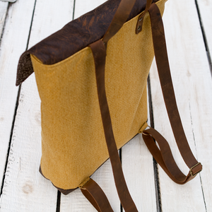 NINOX kollekció - mustársárga szövet-barna bőr hátizsák, Minimál hátizsák - táska & tok - hátizsák - hátizsák - Meska.hu