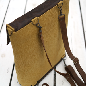 NOCTUA kollekció - mustársárga szövet-barna bőr hátizsák, oldal-, vagy válltáska - táska & tok - hátizsák - hátizsák - Meska.hu