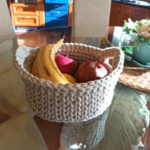 Natúr horgolt tároló kosár fülekkel  újrahasznosított pamut zsinórfonalból, kézműves lakásdekoráció - otthon & életmód - tárolás & rendszerezés - tárolókosár - Meska.hu