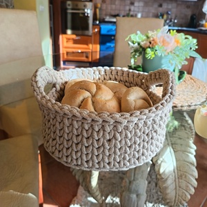 Natúr horgolt tároló kosár fülekkel  újrahasznosított pamut zsinórfonalból, kézműves lakásdekoráció - otthon & életmód - tárolás & rendszerezés - tárolókosár - Meska.hu