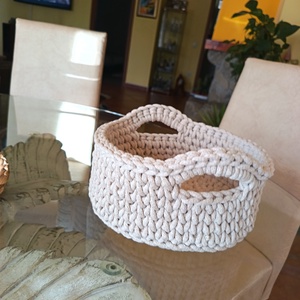 Natúr horgolt tároló kosár fülekkel  újrahasznosított pamut zsinórfonalból, kézműves lakásdekoráció - otthon & életmód - tárolás & rendszerezés - tárolókosár - Meska.hu