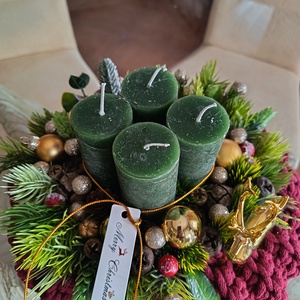 Bordó-zöld-arany színvilágú adventi koszorú  - karácsony - adventi díszek - adventi asztaldísz - Meska.hu