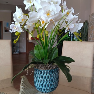 Orchidea dekoráció türkiz kaspósban  - otthon & életmód - dekoráció - asztal és polc dekoráció - asztaldísz - Meska.hu