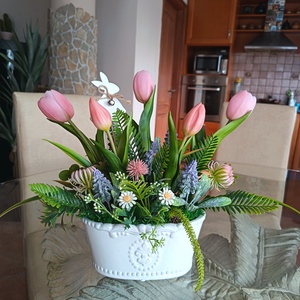 Tavaszi, tulipános asztaldísz , Otthon & Életmód, Dekoráció, Asztal és polc dekoráció, Asztaldísz, Virágkötés, MESKA