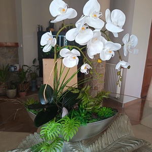 Élethű orchidea dekoráció ezüst csónakkaspóban - Meska.hu