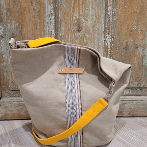 Vászontáska,  pakolós táska , natúr vászon táska, sárga kiegészítőkkel. Egyedi nagyméretű táska., Táska & Tok, Kézitáska & válltáska, Nagy pakolós táska, Varrás, MESKA