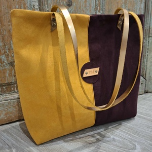 Művelúr női pakolós táska. Sárga-padlizsán művelúr táska. Válltáska arany bőr pánttal. Óriás pakolós táska., Táska & Tok, Kézitáska & válltáska, Nagy pakolós táska, Varrás, MESKA