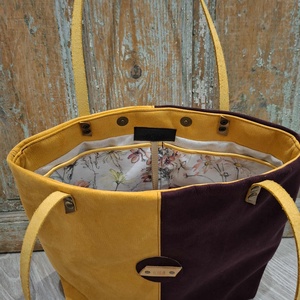 Művelúr női pakolós táska. Sárga-padlizsán művelúr táska. Válltáska arany bőr pánttal. Óriás pakolós táska. - táska & tok - kézitáska & válltáska - nagy pakolós táska - Meska.hu