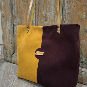 Művelúr női pakolós táska. Sárga-padlizsán művelúr táska. Válltáska arany bőr pánttal. Óriás pakolós táska. - táska & tok - kézitáska & válltáska - nagy pakolós táska - Meska.hu