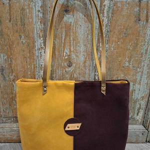 Művelúr női pakolós táska. Sárga-padlizsán művelúr táska. Válltáska arany bőr pánttal. Óriás pakolós táska. - táska & tok - kézitáska & válltáska - nagy pakolós táska - Meska.hu