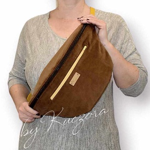 Nagy méretű övtáska alakú testtáska - barna bársony anyagból - táska & tok - övtáska - Meska.hu