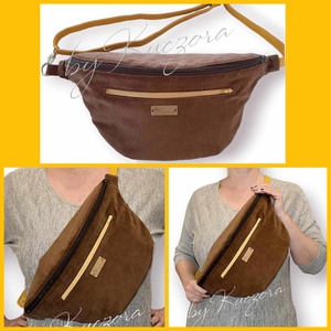 Nagy méretű övtáska alakú testtáska - barna bársony anyagból - táska & tok - övtáska - Meska.hu