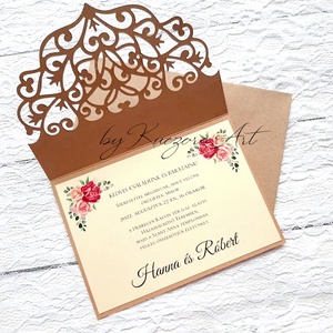 Esküvői meghívó - 058 burgundi rózsa - barna csipkés fedlappal, Esküvő, Meghívó & Kártya, Meghívó, Papírművészet, MESKA