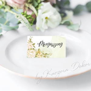 Esküvői ültetőkártya - 001 zöld háttér, fehér, bézs rózsákkal, Esküvő, Meghívó & Kártya, Ültetési rend, Papírművészet, MESKA