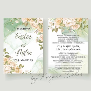 Esküvői meghívó - 001 zöld háttér, fehér, bézs rózsákkal, Esküvő, Meghívó & Kártya, Meghívó, Papírművészet, MESKA
